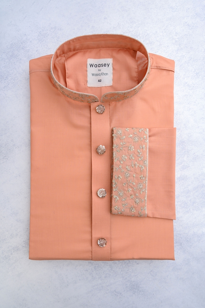 Coral Panjabi with Silver Floral Accents